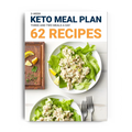 Dr. Berg's 2-week Keto Meal Plan: Digital version with 62 recipes. Cover shows two plates of chicken salad lettuce wraps, sliced lemons, a cutting board, and two forks.