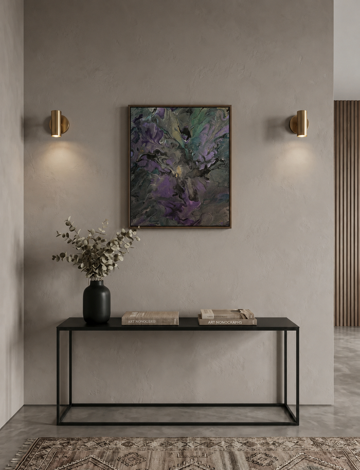 Abstract Floral Art Purple Teal Contemporary Botanical Painting Modern Flower Artwork Original Design Flowing Pigment Technique Marbled Texture Details Violet Wall Art Atmospheric Quality Yellow Accent Highlights Perfect Living Room