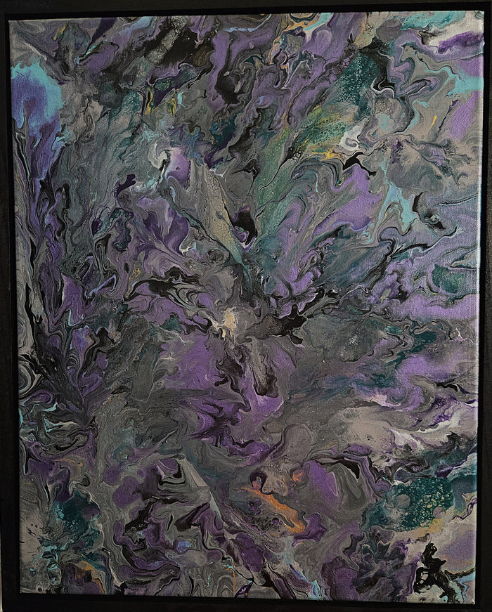 Contemporary Botanical Painting Abstract Floral Design Purple Teal Color Palette Modern Artwork Collection Flowing Organic Forms Marbled Pigment Technique Violet Wall Art Atmospheric Expression Yellow Highlight Details Perfect Gallery Wall