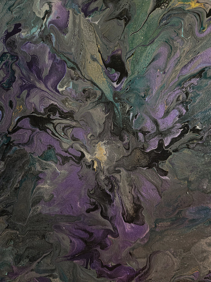 Purple Wall Art Abstract Floral Painting Teal Contemporary Design Modern Botanical Artwork Flowing Marbled Texture Violet Color Palette Atmospheric Quality Expression Yellow Accent Details Perfect Living Room Addition Gallery Wall Statement