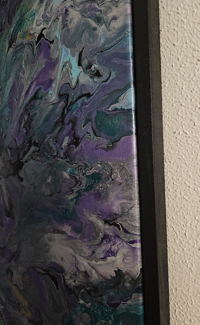 Teal Abstract Painting Purple Floral Art Contemporary Botanical Design Modern Wall Artwork Flowing Organic Forms Marbled Pigment Technique Violet Atmospheric Expression Yellow Highlight Accents Perfect Living Room Statement Beautiful