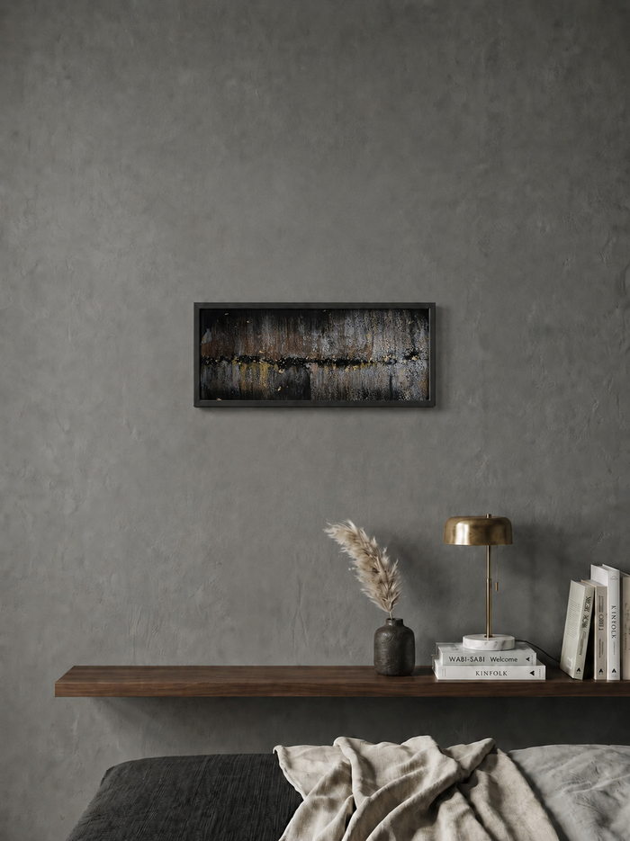 Abstract Gold Painting Horizontal Wall Art Textured Canvas Original Contemporary Design Metallic Highlights Neutral Tone Palette Warm Color Scheme Living Room Statement Piece Modern Home Styling Crackled Surface Texture Light Catching