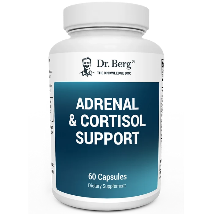 Adrenal and Cortisol Support, 60 capsules, front view, bottle with Dr. Berg branding.