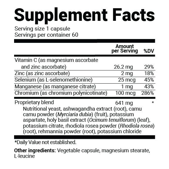 Supplement facts label with detailed nutritional information.