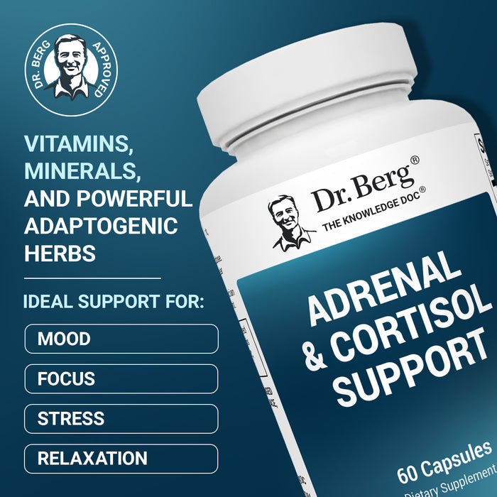 Dr. Berg Adrenal and Cortisol Support supplement bottle on a blue background with text reading “Vitamins, minerals, and powerful adaptogenic herbs. Ideal support for mood, focus, stress, and relaxation.”