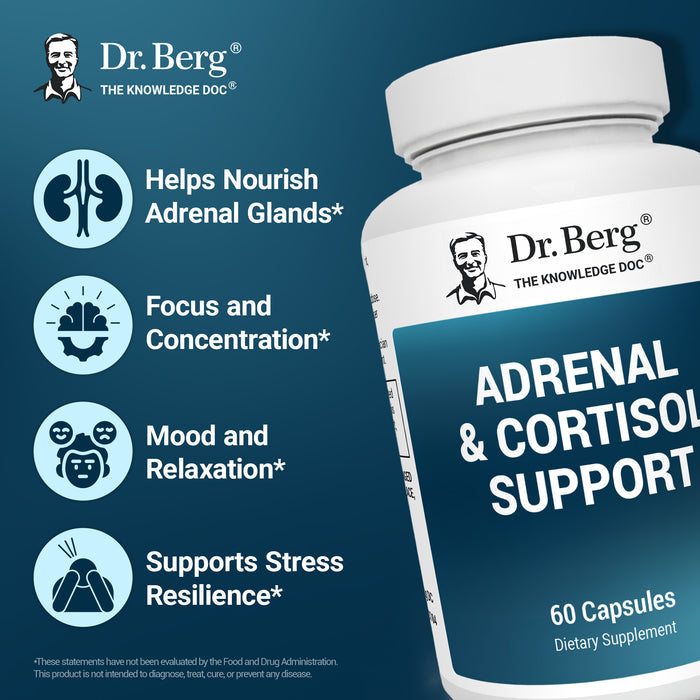 Dr. Berg Adrenal and Cortisol Support supplement bottle with benefits listed on a blue background.