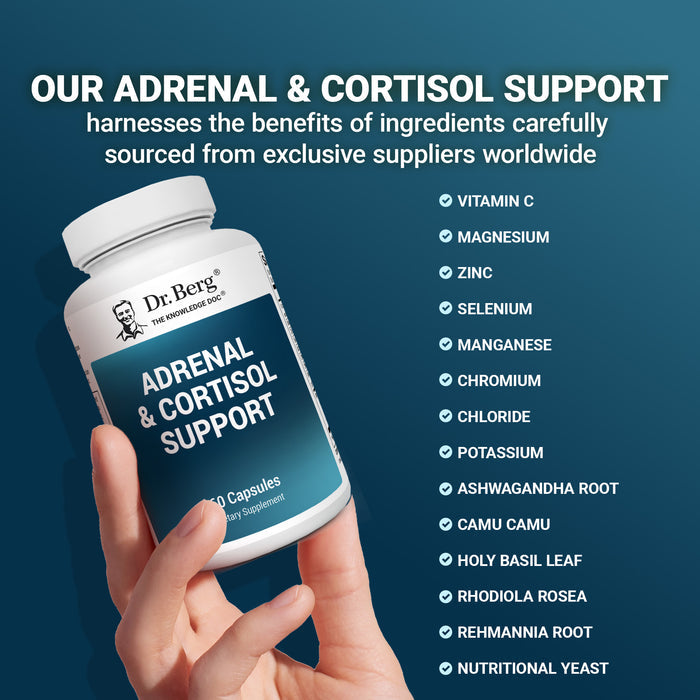 Dr. Berg Adrenal & Cortisol Support supplement bottle held by a hand with a blue background and ingredient list.