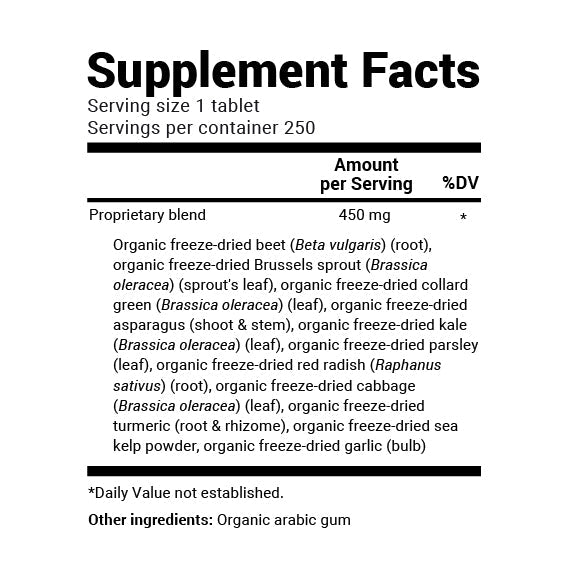 Close-up view of Organic Greens Superfood Cruciferous Blend (250 tablets) supplement fact label.