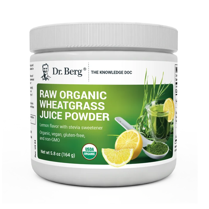 Raw Organic Wheatgrass Juice Powder Lemon Flavor, 5.8 ounces, front view, bottle with Dr. Berg branding and sliced of lemon on cover.