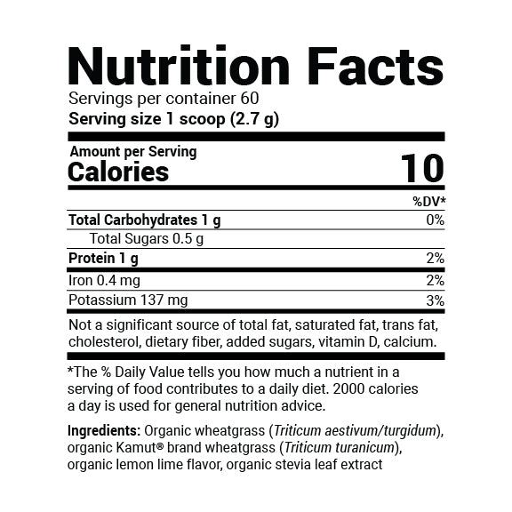 Close-up view of Raw Organic Wheatgrass Juice Powder supplement facts label.