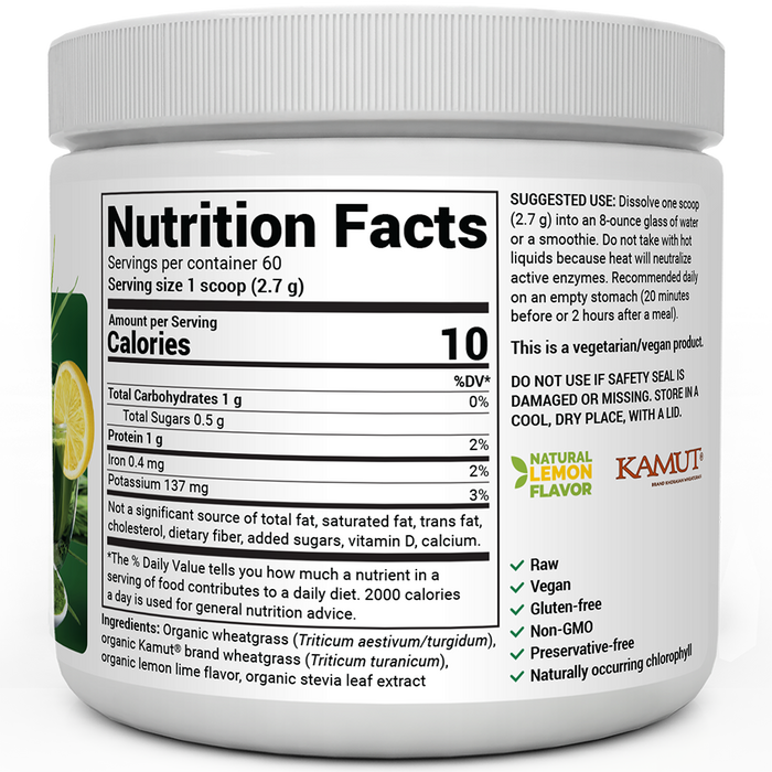 Raw Organic Wheatgrass Juice Powder Lemon Flavor bottle, right-side view, showing supplement facts and suggested use, with labels for raw, vegan, gluten-free, non-GMO, preservative-free, and naturally occurring chlorophyll.