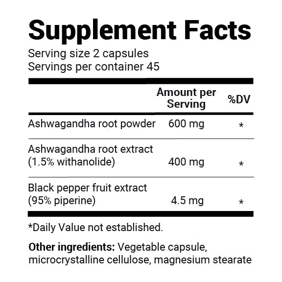Ashwagandha supplement facts panel with serving size, servings per container, ingredients, and other ingredients.