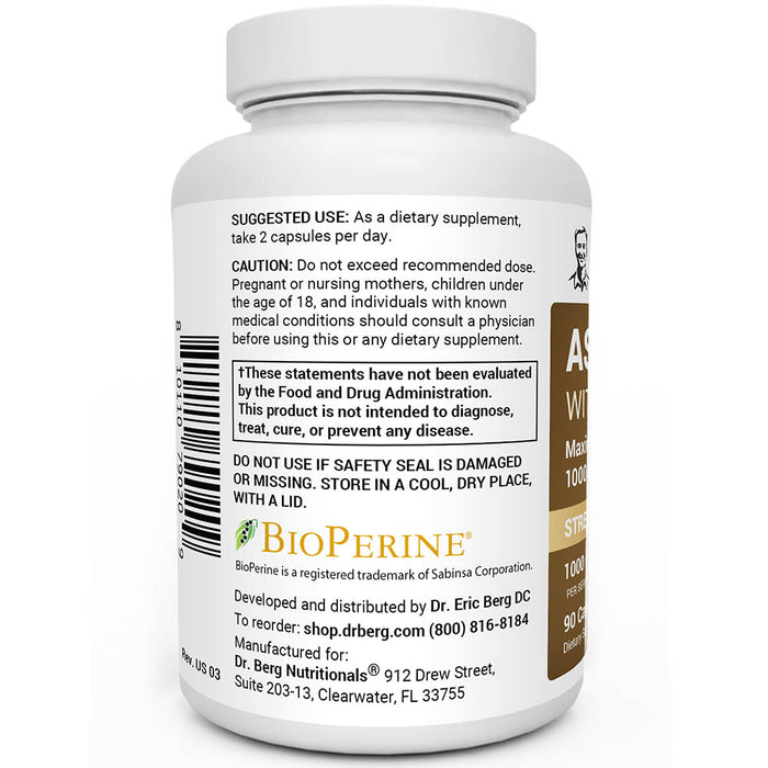 Ashwagandha bottle label, left side view, suggested use instructions, safety warning details.