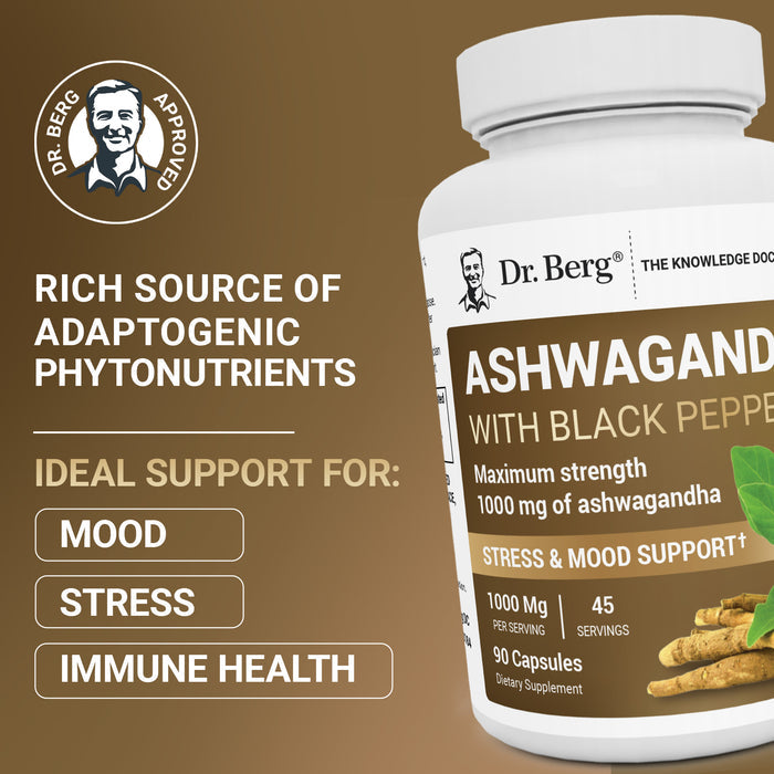 Dr. Berg Ashwagandha supplement bottle with text: 'Rich source of adaptogenic phytonutrients. Ideal support for: mood, stress, and immune health.'