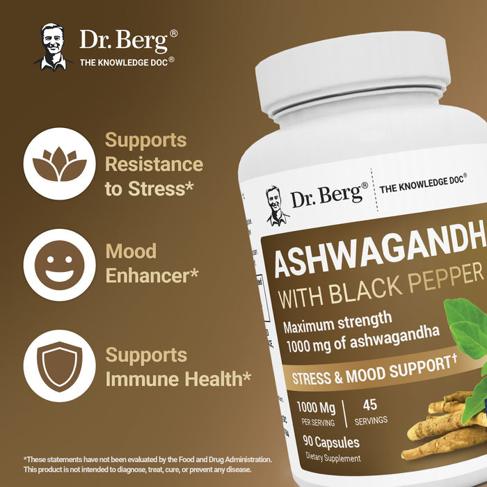 Dr. Berg Ashwagandha supplement bottle with text highlighting benefits: supports stress resistance, enhances mood, and supports immune health.