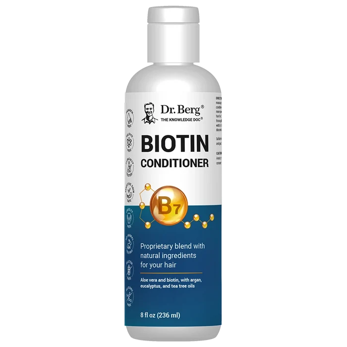 Biotin Conditioner, 8 fluid ounces, front view, bottle with Dr. Berg branding.
