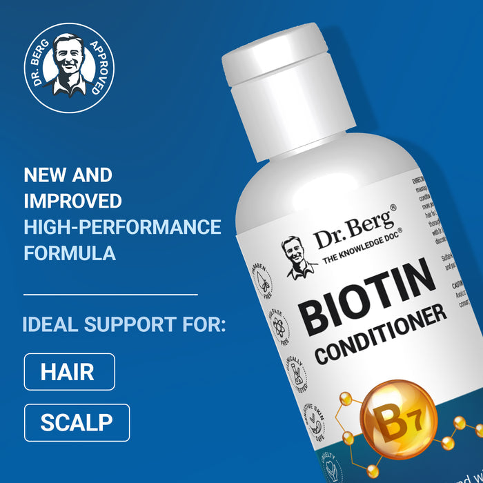 Dr. Berg Biotin Conditioner bottle with text: 'New and improved high-performance formula. Ideal support for hair and scalp.'