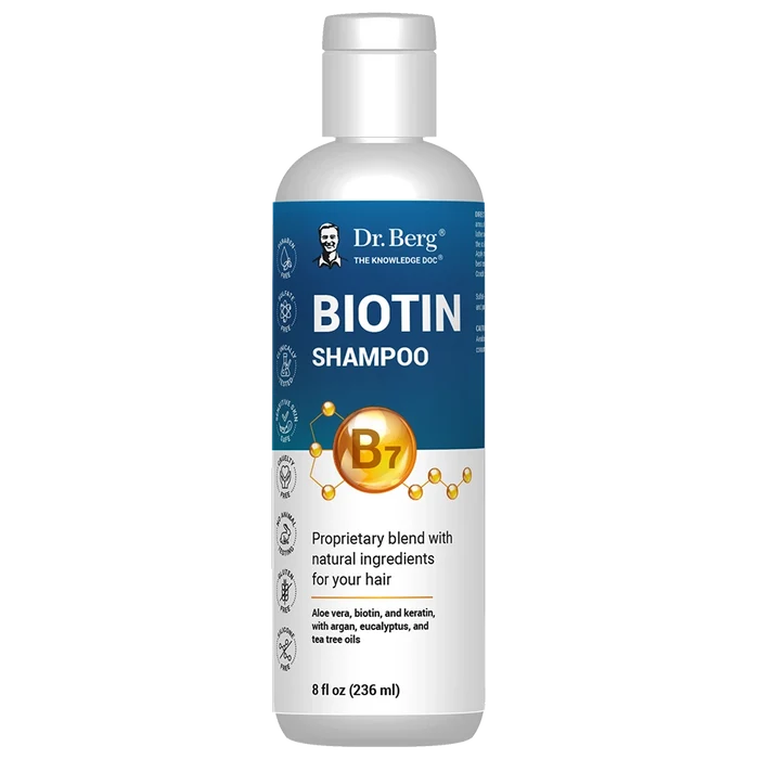 Biotin Shampoo, 8 fluid ounces, front view, bottle with Dr. Berg branding.