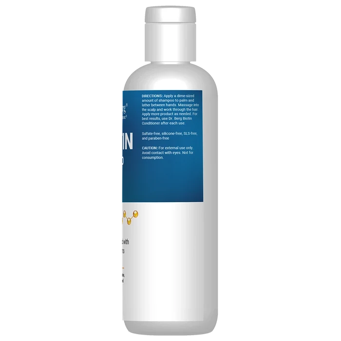 Biotin Shampoo bottle label, side view, with directions.