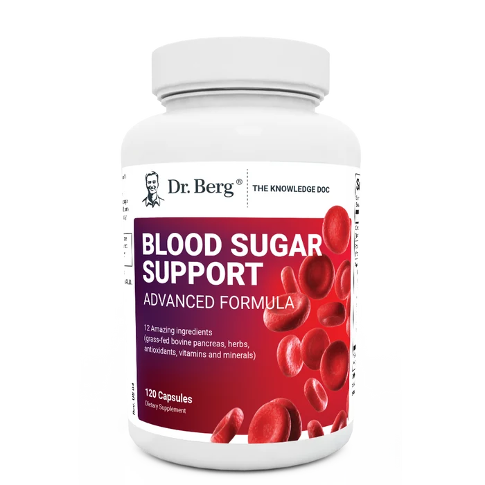 Blood Sugar Support Advanced Formula, 120 capsules, front view, bottle with Dr. Berg branding and blood cells on the cover.