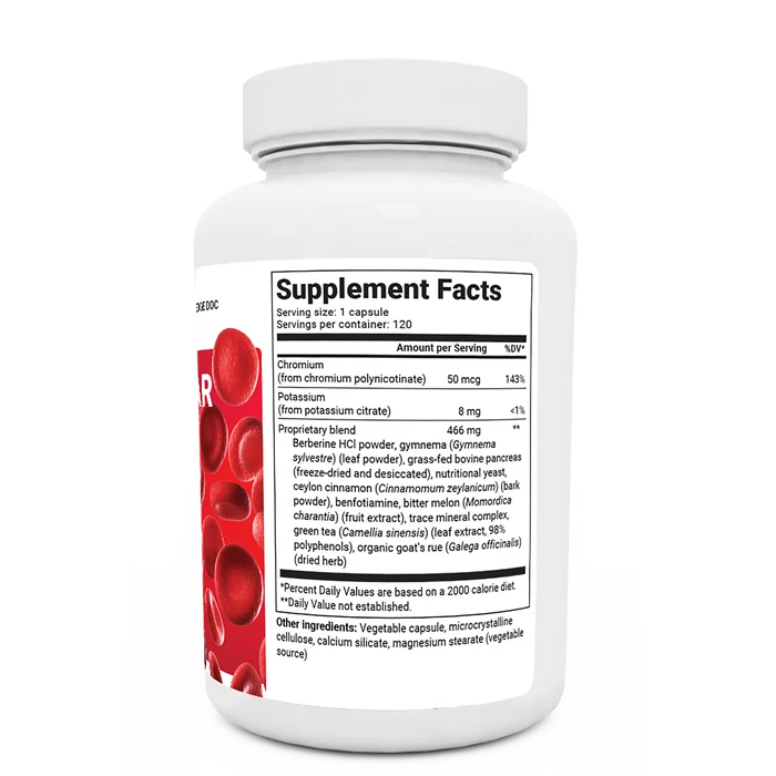 Blood Sugar Support Advanced Formula bottle label, right side view, supplement facts.