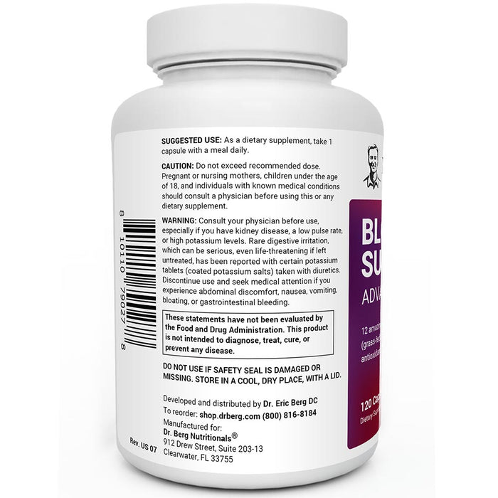 Blood Sugar Support Advanced Formula bottle label, left side view, suggested use instructions, safety warning details.