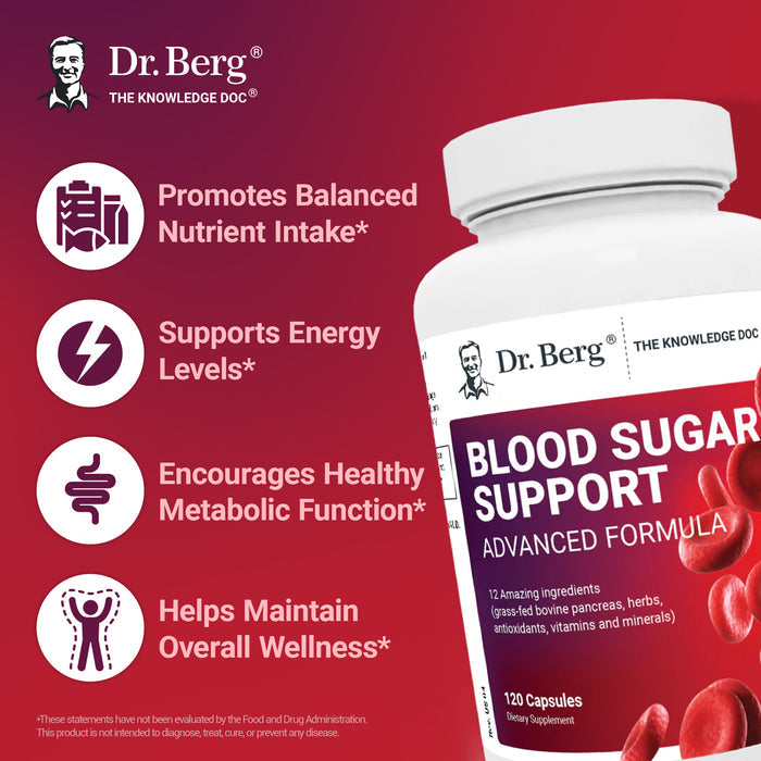 Dr. Berg Blood Sugar Support promotes balanced nutrient intake, supports energy levels, encourages healthy metabolic function, and helps maintain overall wellness. Disclaimer: These statements have not been evaluated by the FDA and are not intended to diagnose, treat, cure, or prevent any disease.