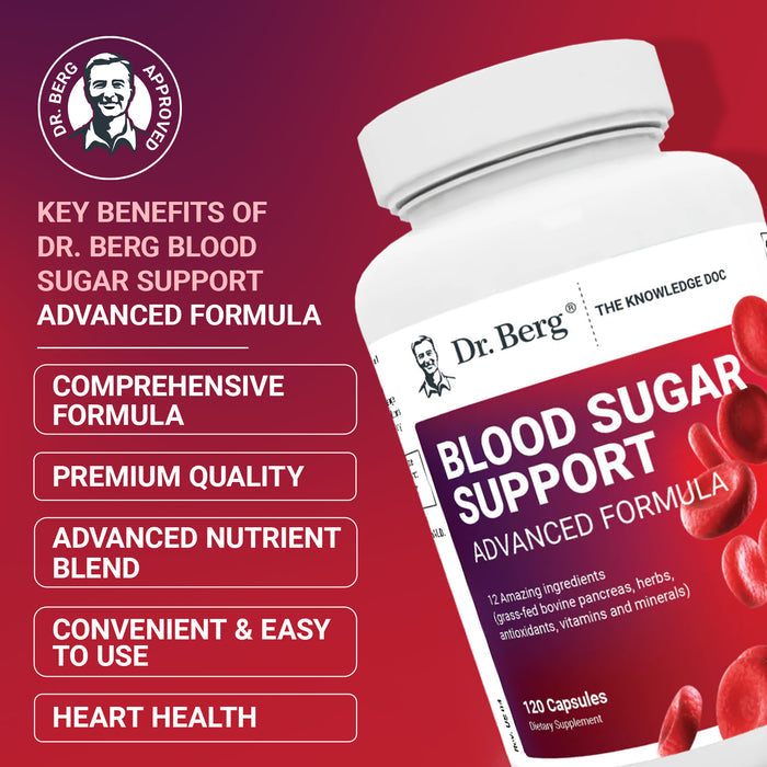 Dr. Berg Approved badge. Text highlights the key benefits of Dr. Berg Blood Sugar Support Advanced Formula: comprehensive formula, premium quality, advanced nutrient blend, convenient and easy to use, and supports heart health.