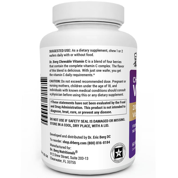 Chewable Vitamin C Complex bottle label, left side view, suggested use instructions, safety warning details.
