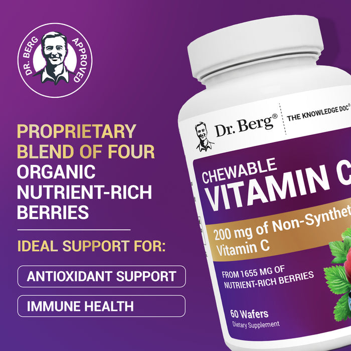 Dr. Berg Vitamin C supplement bottle with text: 'Proprietary blend of four organic nutrient-rich berries. Ideal support for antioxidant support and immune health.'