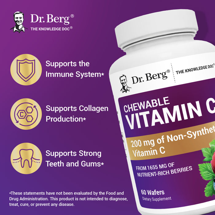 Dr. Berg Chewable Vitamin C supplement bottle with text highlighting benefits: supports the immune system, collagen production, and strong teeth and gums.