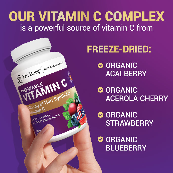 Dr. Berg's chewable vitamin C supplement bottle with freeze-dried ingredients.