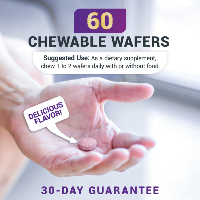 Hand holding a chewable wafer with text: '60 chewable wafers. Chew 1  to 2 daily as a dietary supplement with or without food. 30-day guarantee'.