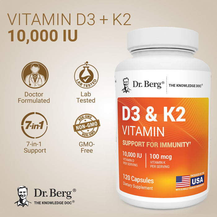 Dr. Berg D3 & K2 Vitamin, 10,000 IU vitamin D3 and vitamin K2 supplement, doctor formulated, lab tested, 7-in-1 support, GMO-free.