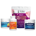Collection of Dr. Berg health products including a multivitamin, electrolyte powder, vitamin D3 & K2 supplement, and magnesium powder on a white background.
