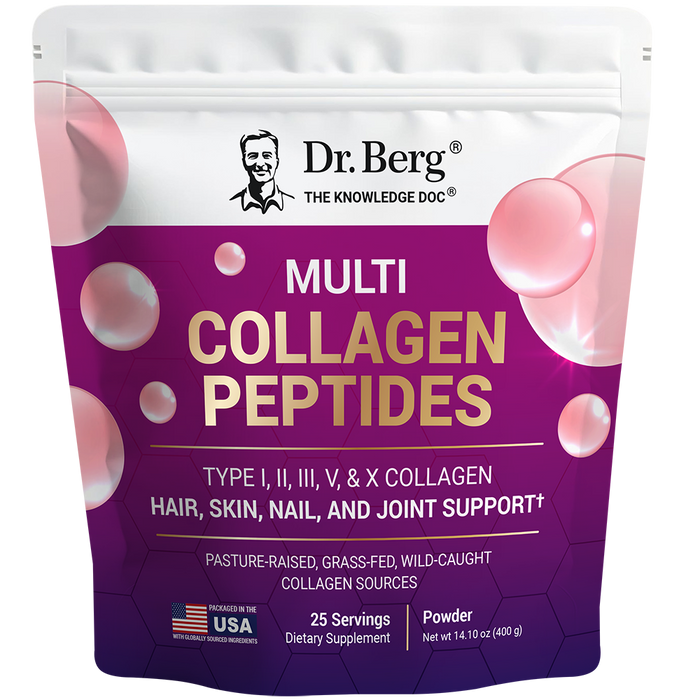 Multi Collagen Peptides, Type I, II, III, V, and X Collagen,  25 Servings, Powder, front view, Dr. Berg branding, packaged in the U.S.A.