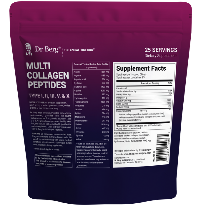Multi Collagen Peptides, back view of label showing nutrition facts, suggested use instructions, and safety warnings.