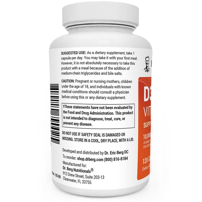 D3 and K2 Vitamin 10,000 IU bottle label, left side view, suggested use instructions, safety warning details.