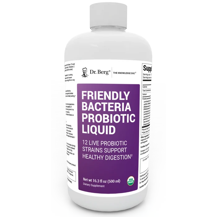 Friendly Bacteria Probiotic Liquid, 16.3 fluid ounces, front view, bottle with Dr. Berg branding and Certified Organic logo.