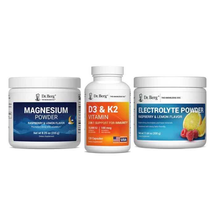 Three Dr. Berg supplement products on a white background