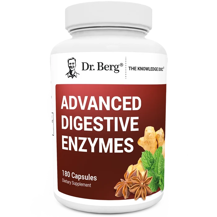 Advanced Digestive Enzymes, 180 tablets, front view, bottle with Dr. Berg branding, ginger roots, peppermint leaves, and anise plants on the cover.