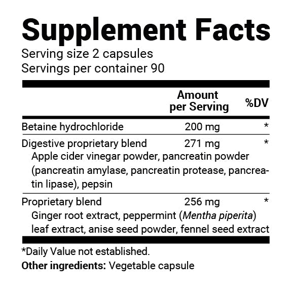 Close-up of the Supplement Facts label showing serving size, servings per container, and ingredient amounts with % Daily Value information.