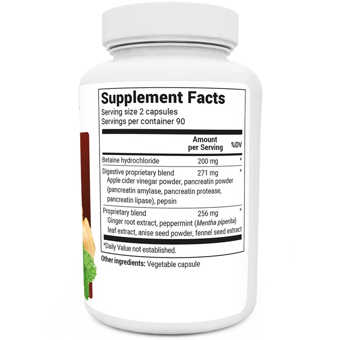 Advanced Digestive Enzymes bottle label, right side view, supplement facts.