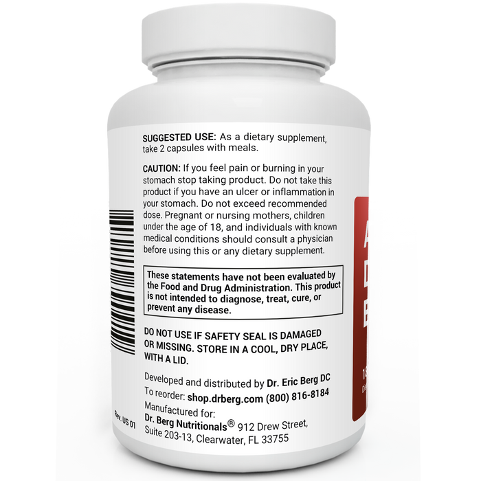 Advanced Digestive Enzymes bottle label, left side view, suggested use instructions, safety warning details.