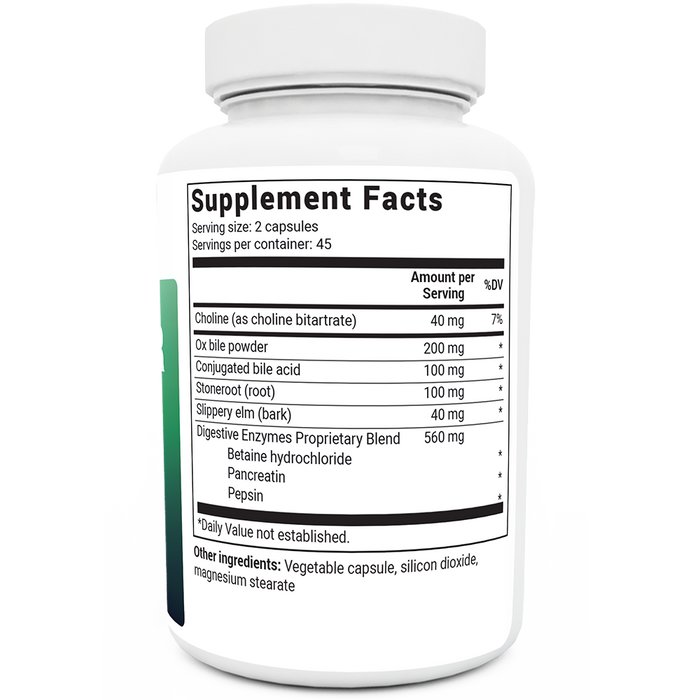 Gallbladder Formula bottle label, right side view, supplement facts.