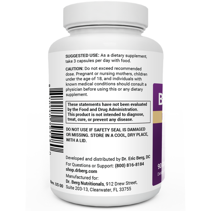 Benfotiamine bottle label, left side view, suggested use instructions, safety warning details.