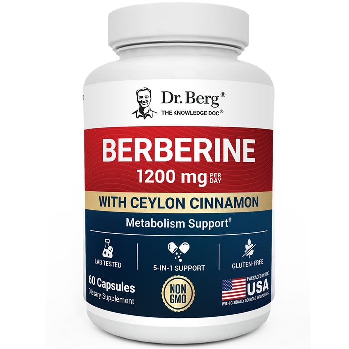 Dr. Berg Berberine 1200 mg with Ceylon Cinnamon, 60-capsule metabolism support supplement, non-GMO and packaged in the USA.