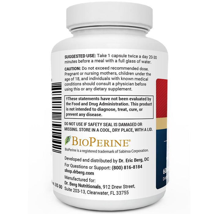 Berberine bottle label, left side view, suggested use instructions, safety warning details.