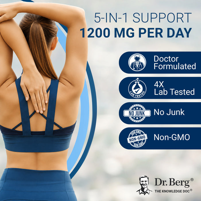 Back view of a woman stretching her arms overhead. Promotional graphic for Berberine highlighting 5-in-1 support, 1,200 mg per day, doctor formulated, 4x lab tested, no junk, and non-GMO.