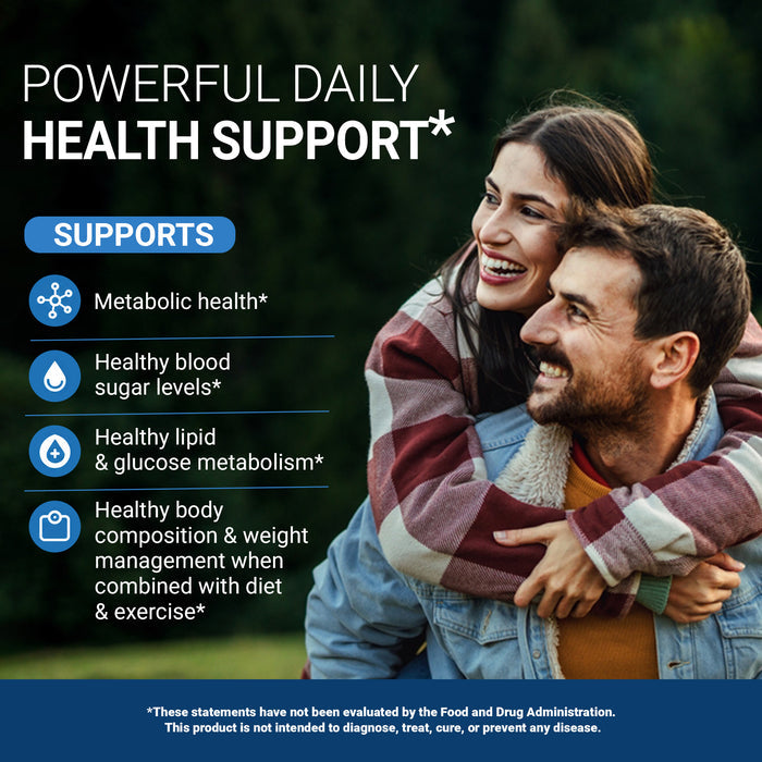 An active couple outdoors. Promotional graphic for Berberine with the text: Powerful daily health support. Supports metabolic health, healthy blood sugar levels, healthy lipid and glucose metabolism, and healthy body composition and weight management when combined with diet and exercise.